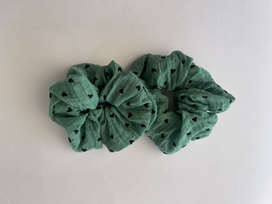 Green with Black Hearts Scrunchies